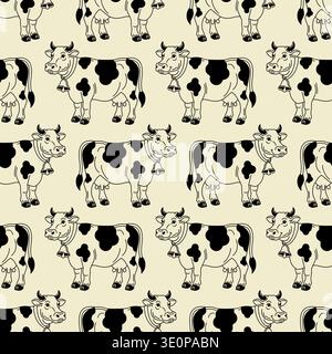 Seamless pattern with silhouettes of cows and calves. Minimalist rural wallpaper for dairy farm branding and organic textile. Stock Vector
