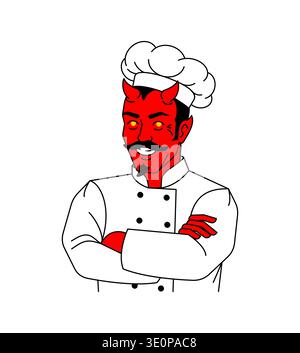 Devil chef with horns wearing a toque. Creative mascot for spicy food, hot restaurant, or grill bar. Stock Vector