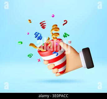 3D Hand holding party popper with confetti. Stock Vector
