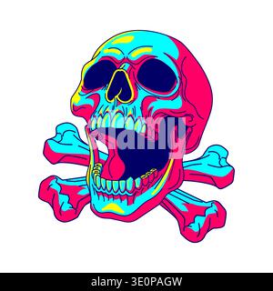 Vibrant colorful skull with crossed bones in pink and blue shades. Modern pop art style for street wear, stickers and posters. Stock Vector