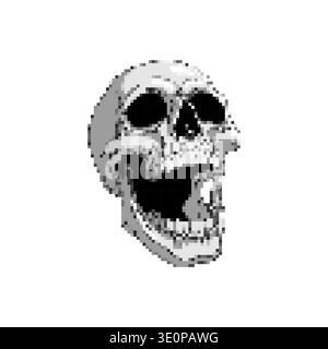Pixel art human skull with an open jaw. Retro 8-bit game style spooky character for gaming, stickers, and Halloween. Stock Vector