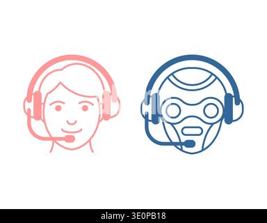 female operator and a robot wearing headsets. Concept of customer support, helpdesk, and AI assistance. Stock Vector