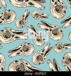 Seamless pattern bird skull profiles on a light blue background. Unique anatomical texture for scientific, natural, or gothic-themed designs. Stock Vector