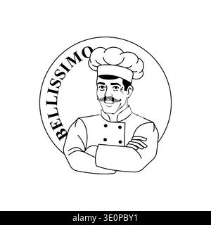 chef with a mustache, wearing a toque. Logo concept for "Bellissimo" restaurant, pizzeria, or culinary service. Stock Vector