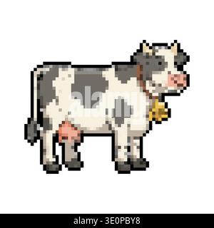 Pixel art cow with a golden bell. Retro 8-bit game style farm animal character. Isolated on white. Stock Vector