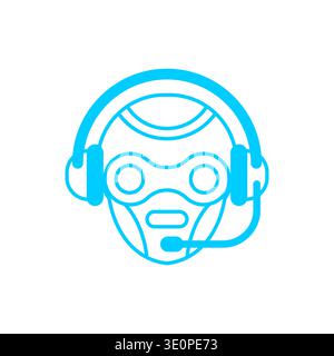 robot head wearing a headset with a microphone. Concept for AI-powered virtual assistant, chatbot, and automated tech support. Stock Vector