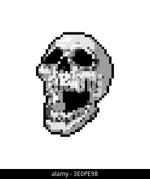 Pixel art  skull with an open jaw. Retro 8-bit game style spooky character for gaming assets, stickers, and Halloween. Stock Vector