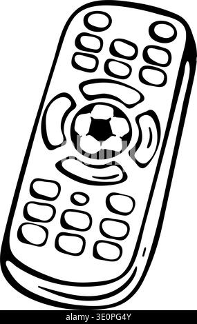 TV Remote Control Icon for Football Fans. Wireless Device with Soccer Ball Button for Watching Games. Hand Drawn Doodle Vector. Stock Vector