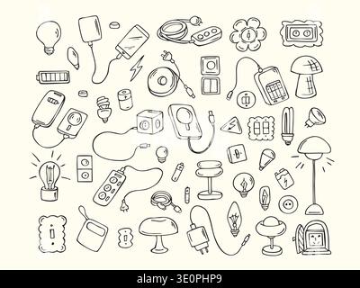 Hand drawn electricity and lighting doodle set with bulbs, plugs, cables and batteries Stock Vector
