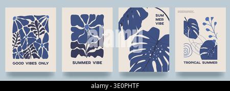 An abstract set of greeting cards with the inscription Summer Atmosphere. Hand-drawn waves, leaves, and flowers in boho style. Template for packaging, Stock Vector