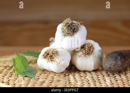 garlic bulbs (heads) on kitchen bench. Stock Photo