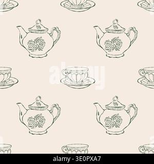 Vintage vector seamless pattern with a teapot and teacups. Retro teapots and cups in beige and green tones. Vector background. Stock Vector