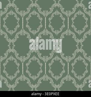Seamless pattern in vintage baroque style. Classic Victorian hand-drawn design. A whimsical background for wedding invitations, gift wrap, packaging materials, fabric, and wallpaper. Green vector Stock Vector
