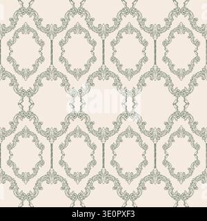 Seamless pattern in vintage baroque style. Classic Victorian hand-drawn design. A whimsical background for wedding invitations, gift wrap, packaging materials, fabric, and wallpaper. Green vector Stock Vector