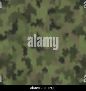 Seamless green camouflage pattern with pixel retro effect abstract background Stock Vector