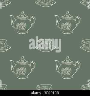 Vintage vector seamless pattern with a teapot and teacups. Retro teapots and cups in beige and green tones. Vector background. Stock Vector