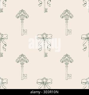 Seamless pattern of vintage antique keys with bows. Whimsical retro keys. Green and beige vector background. Outline illustration in Rococo, Baroque, and Victorian styles. Stock Vector