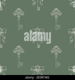 Seamless pattern of vintage antique keys with bows. Whimsical retro keys. Green and beige vector background. Outline illustration in Rococo, Baroque, and Victorian styles. Stock Vector