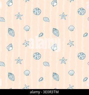 Marine seamless pattern with doodle seashells on textured striped background. Starfish, oyster, scallop, urchin. Perfect for greetings, invitations, manufacture wrapping paper, textile and web design Stock Vector