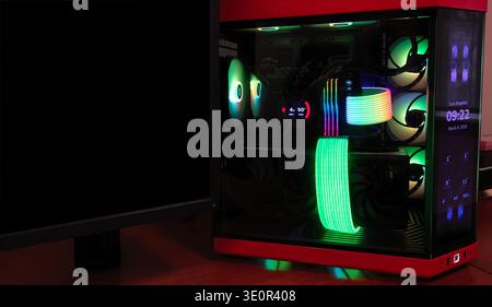Modern large powerful workstation computer for AI processing and data storage. Plus, high performance components for advanced video rendering. Artific Stock Photo