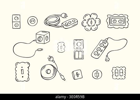 Hand drawn electrical outlets, plugs and extension cords doodle icon set Stock Vector
