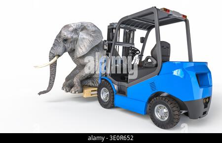 3d Forklift transporting a large elephant Stock Photo