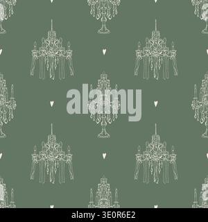 Elegant vintage seamless pattern with hand-drawn candelabras, antique candle-lit chandeliers, and hearts. Beige retro illustrations on a green background. Vector background for holidays, Valentines Day, weddings, and birthdays. Stock Vector