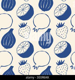 Blue fruit outline pattern repeating, featuring handdrawn strawberry, fig and citrus slices on cream background simple contour lines create seamless s Stock Vector