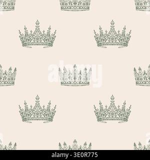Vintage-style seamless pattern with retro crowns. Vector beige and green background. Outline illustration in Rococo, Baroque, and Victorian styles. Stock Vector