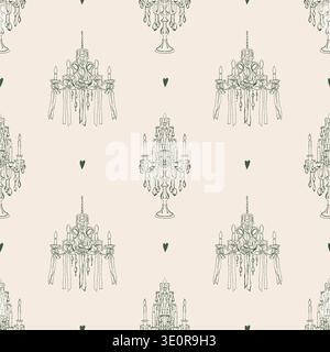 Elegant vintage seamless pattern with hand-drawn candelabras, antique candle-lit chandeliers, and hearts. Green retro illustrations on a beige background. Vector background for holidays, Valentines Day, weddings, and birthdays. Stock Vector