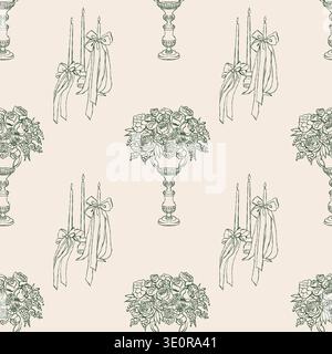Vintage seamless pattern with candles, bows, and flowers on a beige background. Vector retro background. Outline illustration in Rococo, Baroque, and Victorian styles for weddings, holidays, Valentines Day, and birthdays. Stock Vector
