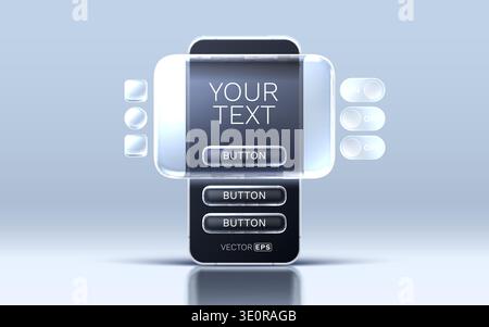 Modern smartphone with a sleek transparent user interface concept, showing buttons and toggles. Vector illustration. Stock Vector