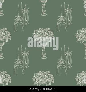 Vintage seamless pattern with candles, bows, and flowers on a green background. Vector retro background. Outline illustration in Rococo, Baroque, and Victorian styles for weddings, holidays, Valentines Day, and birthdays. Stock Vector