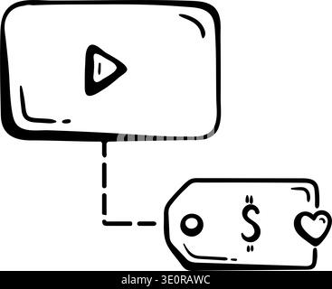 Video Monetization and Content Sell Icon. Price Tag with Heart Symbol Linked to Media Player for Digital Marketing. Vector Doodle. Stock Vector