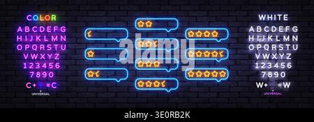 Neon star rating bubbles glowing on dark brick wall background. Bright feedback icons with different score levels create modern review interface style Stock Vector