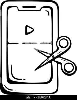 Mobile Video Editing Icon. Smartphone with Scissors and Play Button for Reels Creation, Video Trimming. Hand-Drawn Vector Doodle. Stock Vector