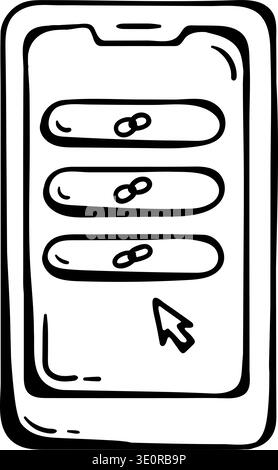 Link in Bio and Multi-link Page Icon. Smartphone with Navigation Buttons and Click Cursor , and Bio Link Tool. Vector Doodle. Stock Vector