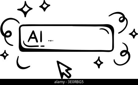 AI Content Generator and Prompt Input Icon. Search Bar with AI Text, Magic Sparks and Cursor. Hand-Drawn Doodle. Stock Vector