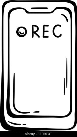 Smartphone Video Recording Status Icon. Mobile Camera Interface with REC Indicator for Vlogging, Hand-Drawn Vector Doodle. Stock Vector