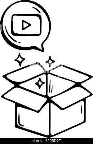 Product Launch and Video Unboxing Icon. Open Box with Media Player Symbol and Magic Sparks for Content Release and E-commerce Stock Vector