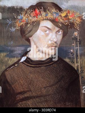 This 1906 self-portrait by Ivar Arosenius depicts the artist wearing a vibrant floral wreath. The painting features him with a somewhat intense gaze, set against a backdrop of a murky body of water and sparse vegetation, characteristic of his unique symbolic and often melancholic style. Stock Photo