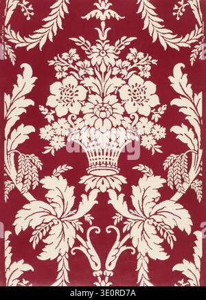 This richly detailed "Sidewall" wallpaper design, likely from between 1800 and 1830, showcases a bold floral and foliate pattern in white on a deep red background. Created by J. Zuber et Cie, it exemplifies the decorative arts of the early 19th century. Stock Photo