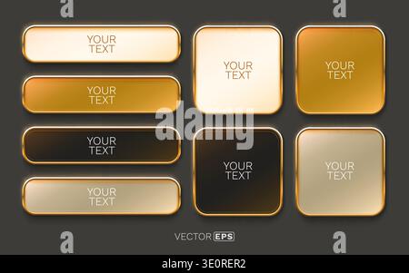 Golden buttons and banners with metallic frames. A set of blank UI elements for modern design projects. Vector illustration. Stock Vector