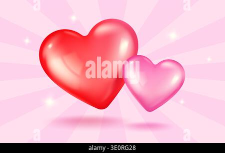 Vector icons of pink and red hearts for Valentine's Day in realistic 3d style. Vector realistic banner with heart on pink background. Stock Vector