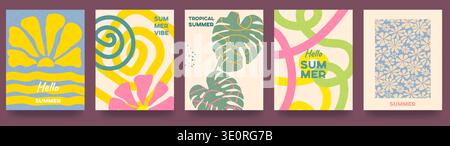 An abstract set of greeting cards with the inscription Summer Atmosphere. Hand-drawn waves, leaves, and flowers in boho style. Template for packaging, Stock Vector
