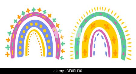 Vector set colorful rainbows in doodle style. Vector rainbow in Mexican style. Stock Vector