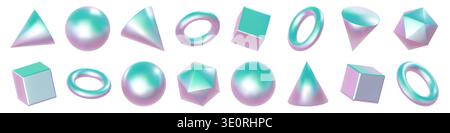 Holographic 3d elements in white rectangular shape. Pink pyramid y2k and solid math hexagon. Triangle figure object, multicolor blue green pink Stock Vector