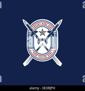 Rustic Weapon Rocket Badge Label Emblem With Crossed Projectile Missile Silhouette Stock Vector