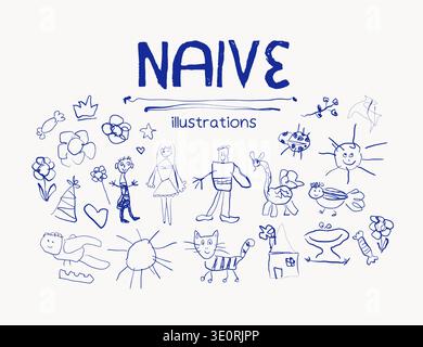 Naive Characters Hand Drawn Doodle Childish Illustrations Modern Scribble Style for Logo Design Isolated Vector Set of Fantasy Characters Pencil Stock Vector