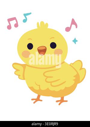 Cute yellow chick singing with music notes Stock Vector